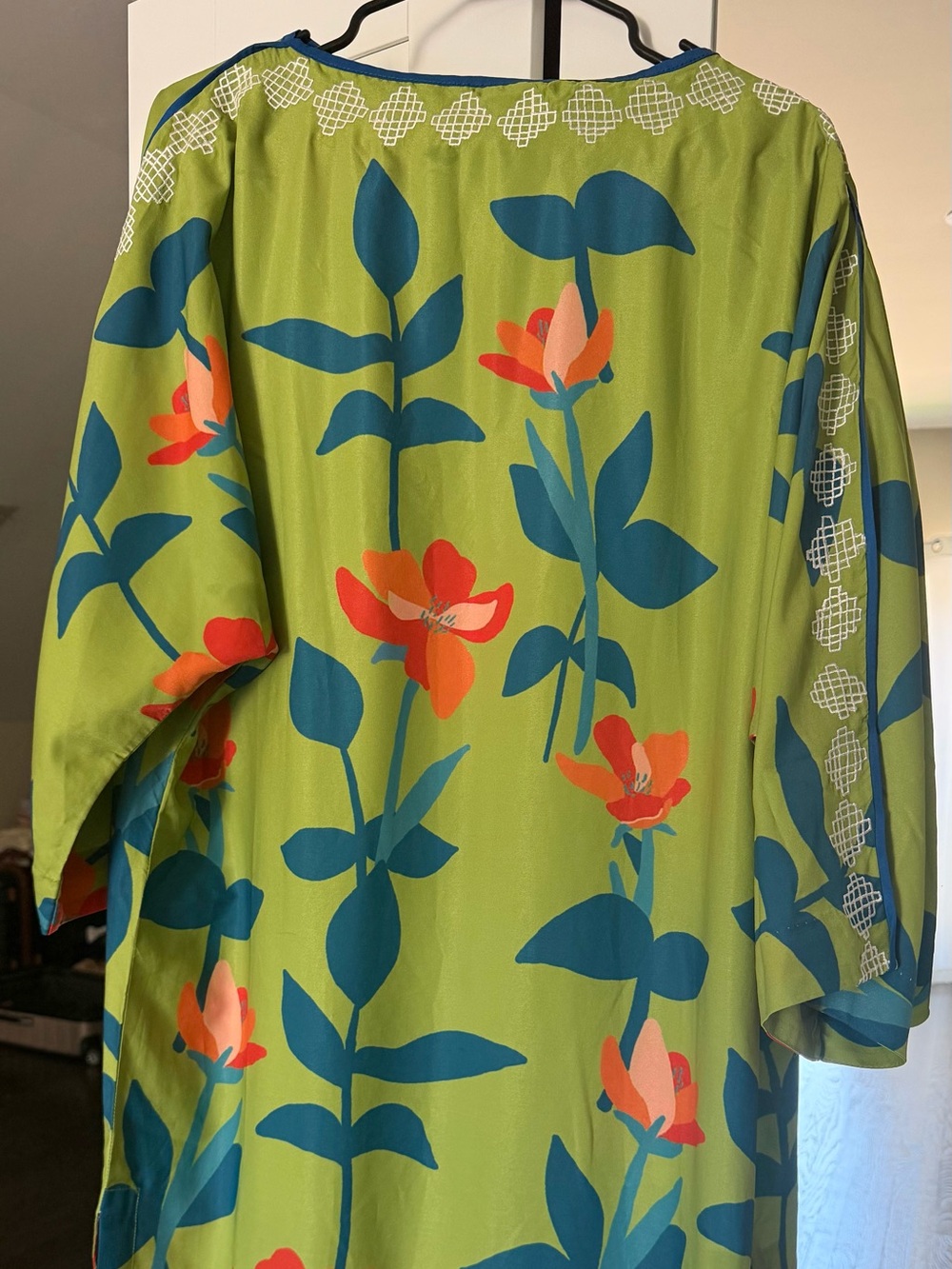 Green Floral Kimono with Teal Leaves and Coral Blooms